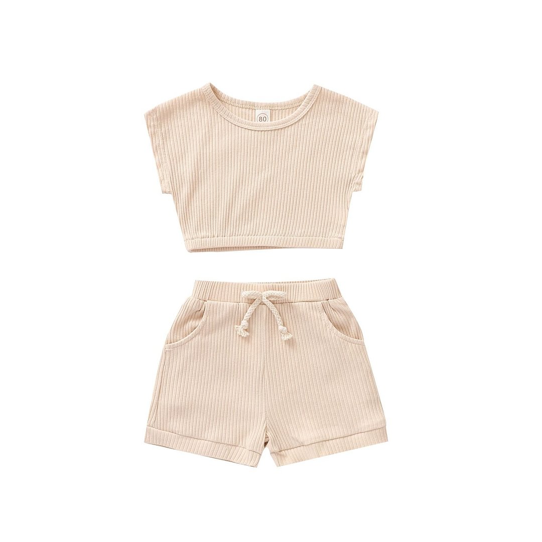 Kids Baby 2-piece Summer Ribbed Outfit Set Solid Color Top and Pocket Shorts Set for Children Boys Girls 6M-3T