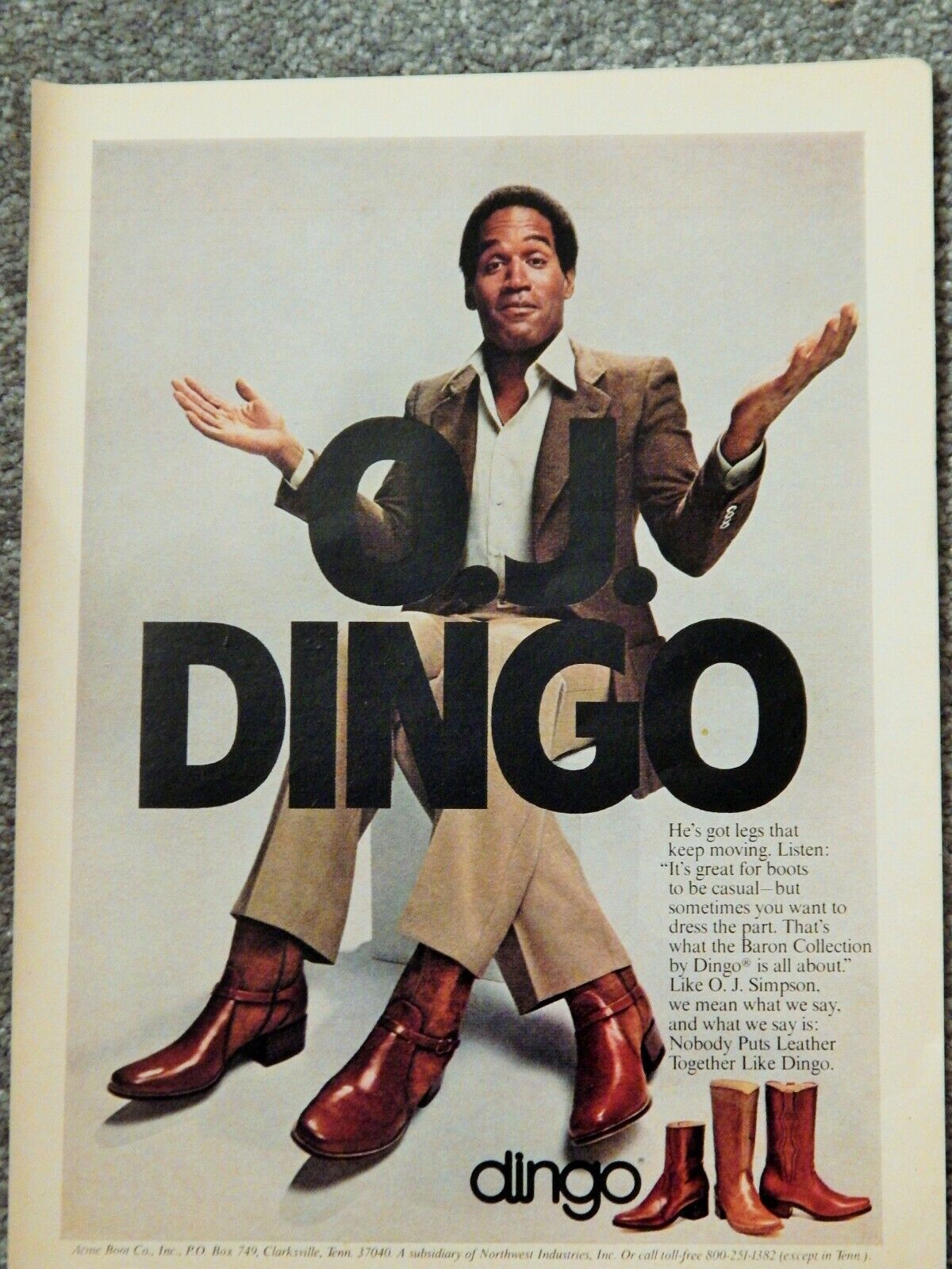 DINGO BOOTS OJ SIMPSON ENDORSEMENT ORIG. VTG 1979 Photo Poster painting AD,