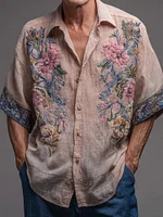 Men's Vintage Floral Embroidered Short Sleeve Linen Shirt