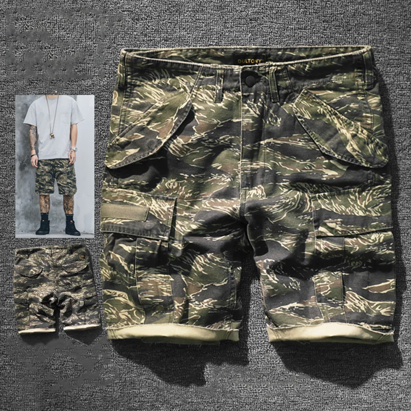 Vintage Military Tiger Camouflage Straight Cargo Shorts