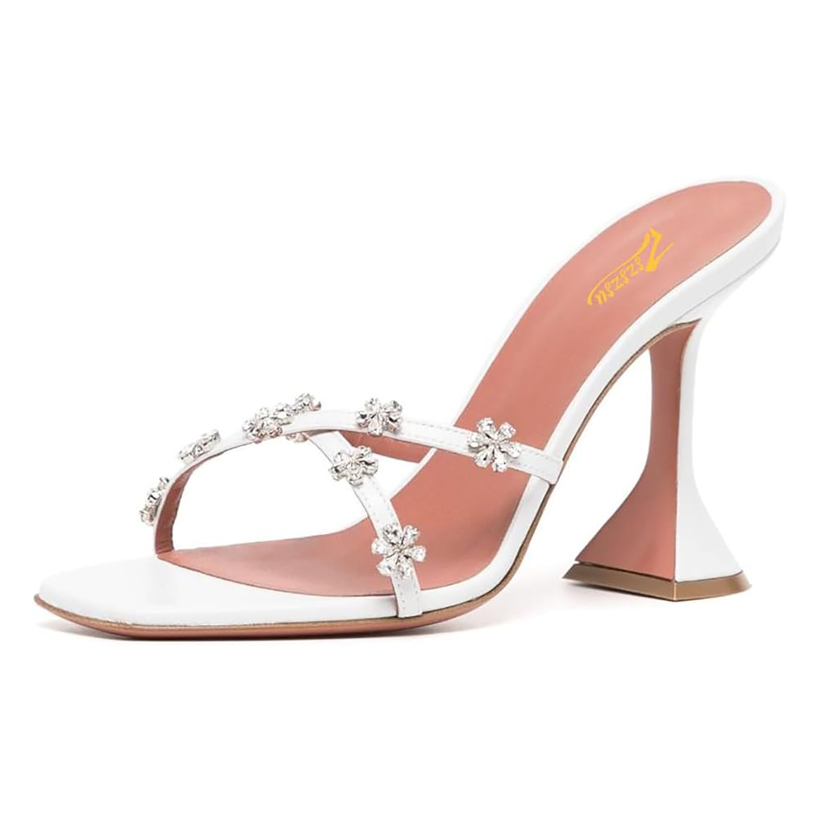 White Criss-Cross Flower Slip-On Open-Toe Flared Heel Mules Shoes Nicepairs