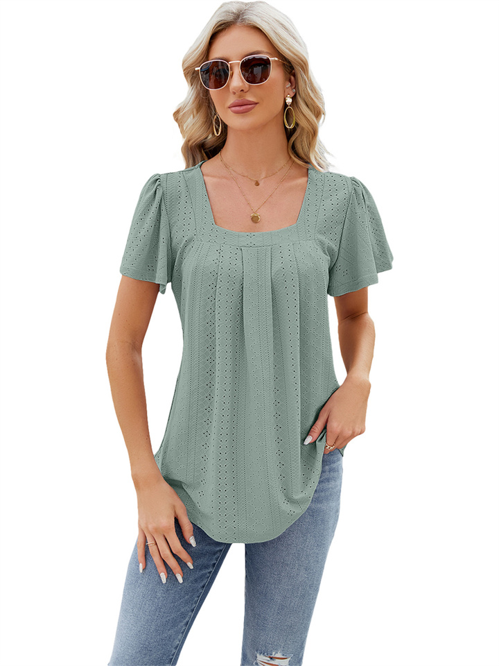Women's Summer Ruffles Hollow Top Square Neck Jacquard Short-sleeved Swallowtail Solid Color T-shirt