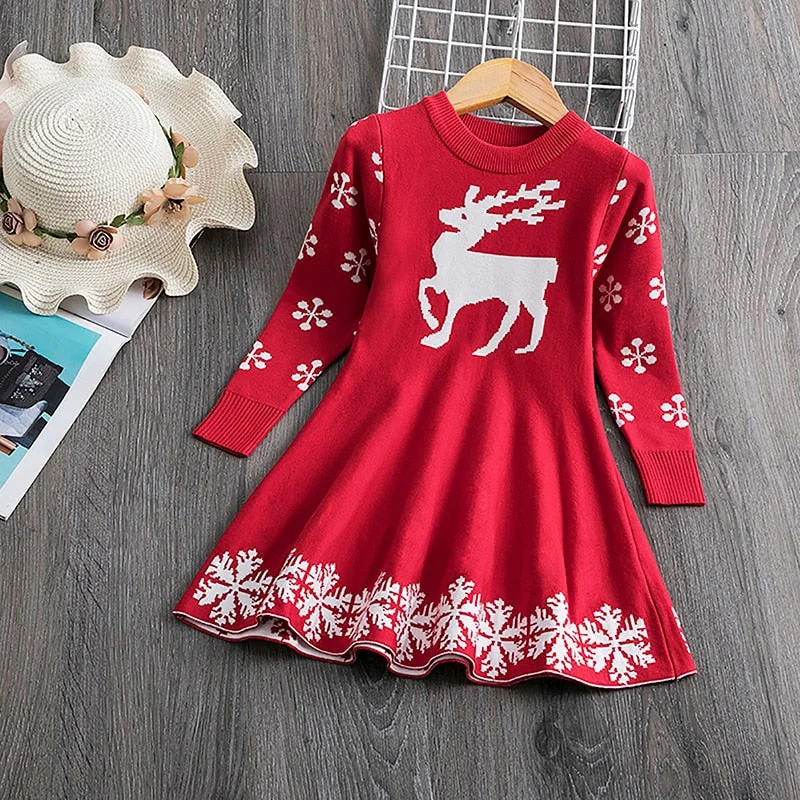 Knitted Sweater Dress for Girls Autumn Winter Clothes Ribbed Long Sleeve Kids Party Costume Casual Wear Princess Christmas Dress