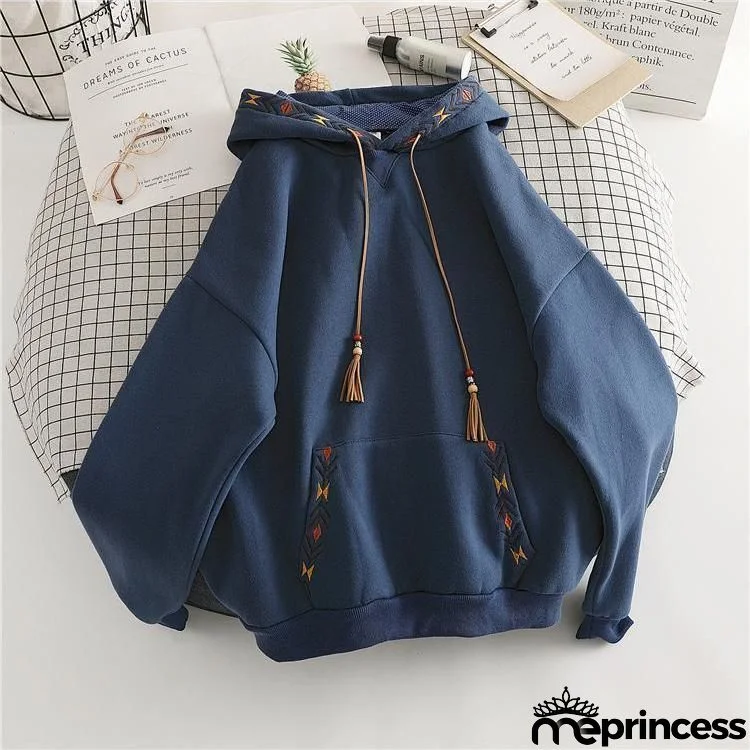 Cotton Blue Loose Hooded Design Winter Plus Size Solid Color Sweatshirt Hoodie