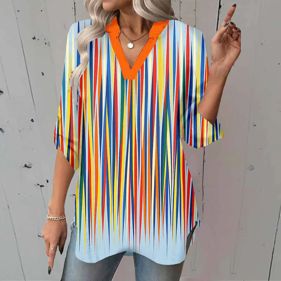 Women Striped,Blue DZGA0008 3/4 Sleeve V-neck Printed Graphic Button Tops