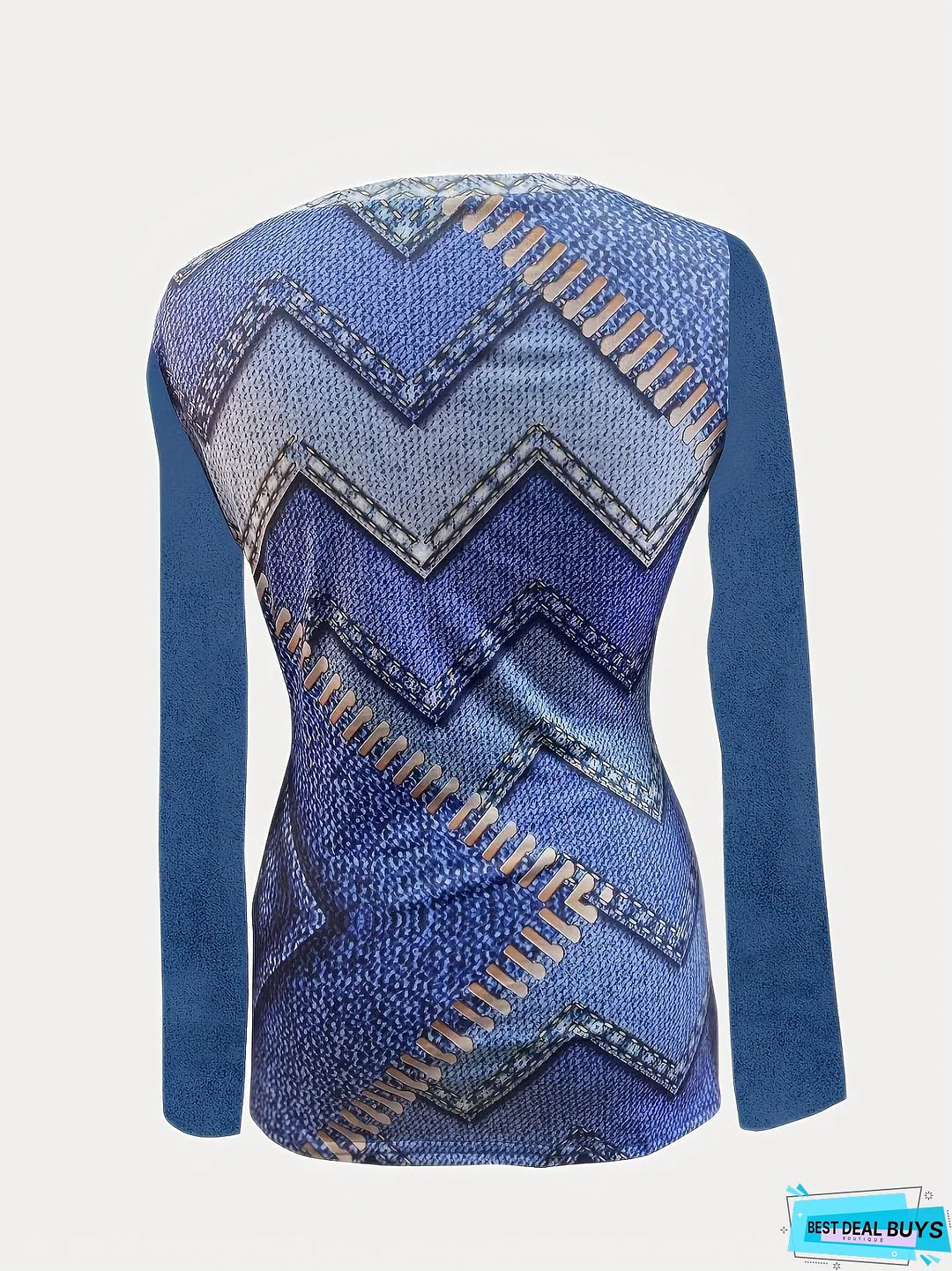Denim Print Crew Neck Keyhole T-Shirt, Casual Long Sleeve T-Shirt For Spring & Fall, Women's Clothing