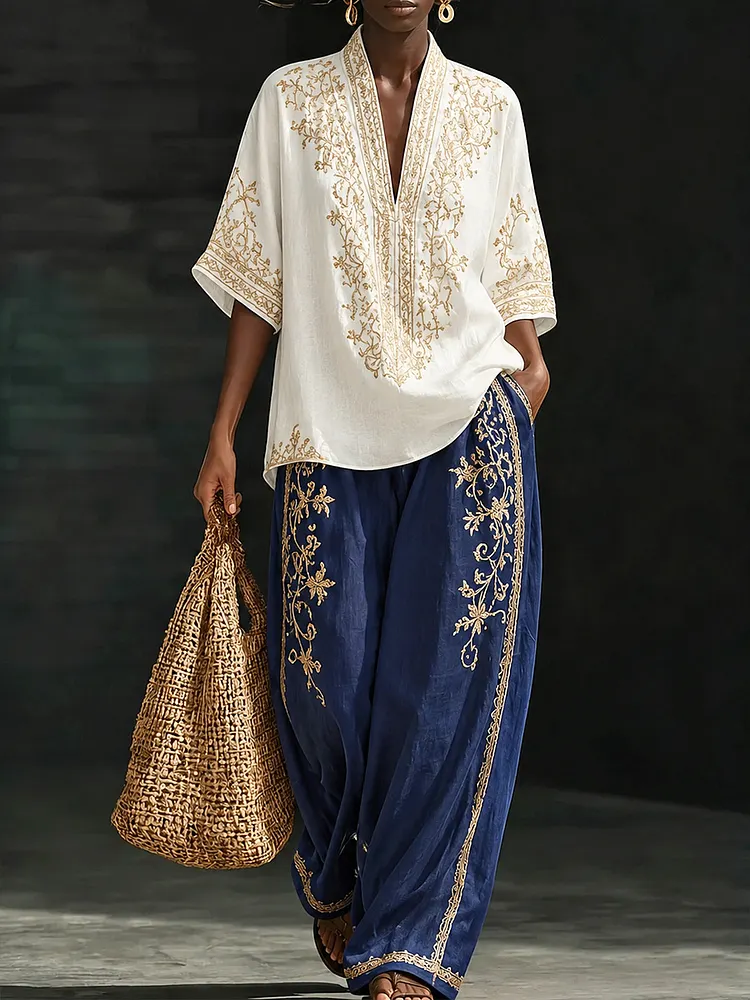 Women&rsquo;s White and Navy  2 Piece Pants Set, Loose Tunic Top and Wide Leg Palazzo Pants, Bohemian Summer Outfit