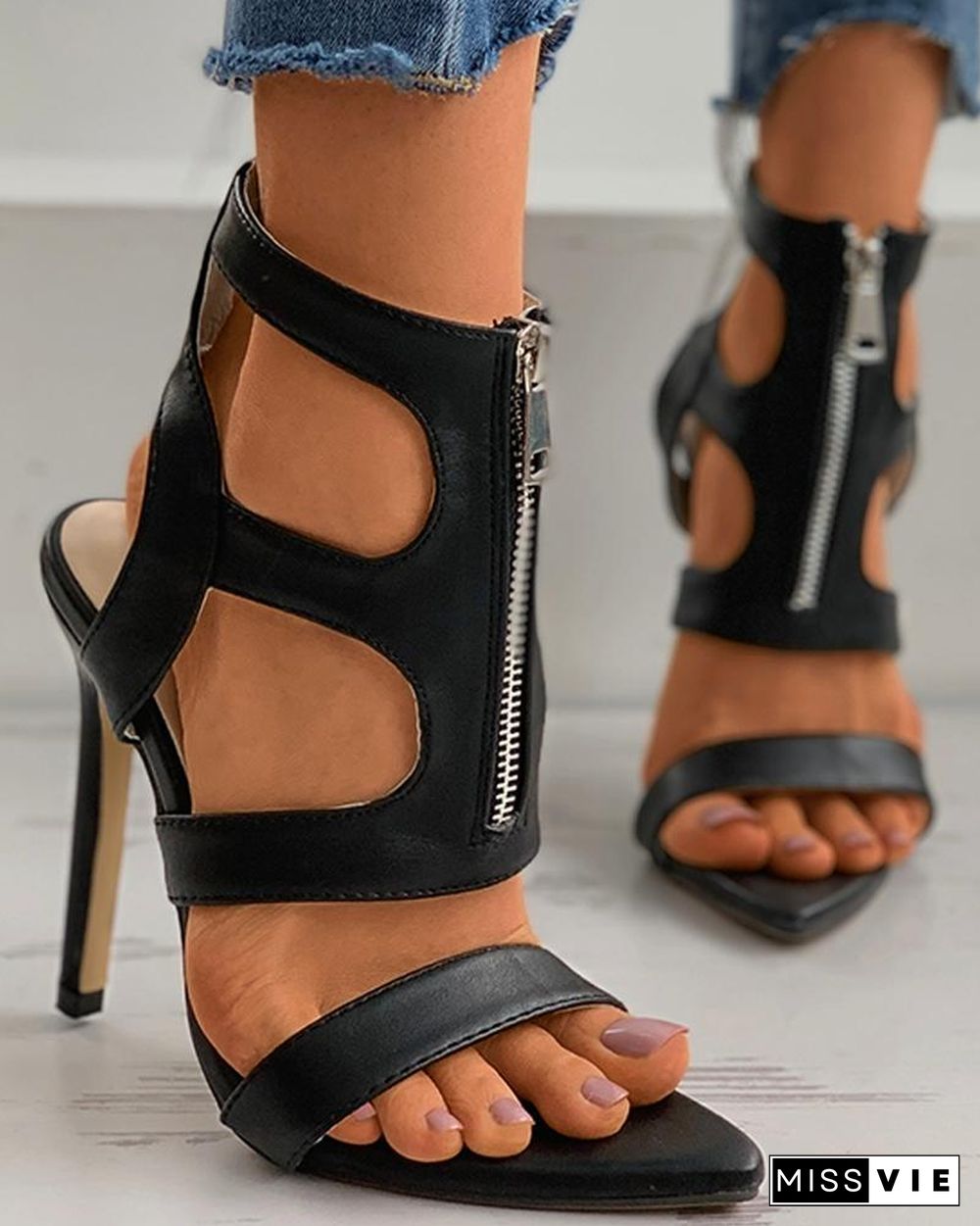 Zipper Design Cutout Stiletto Heel