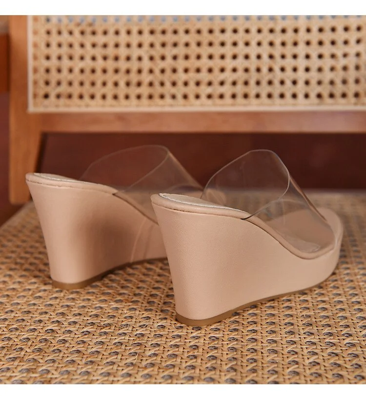 Yyvonne Summer New Fashion Wedge Heel Transparent Word with Sandals and Slippers Women's Round Head Casual Height Increase Slippers
