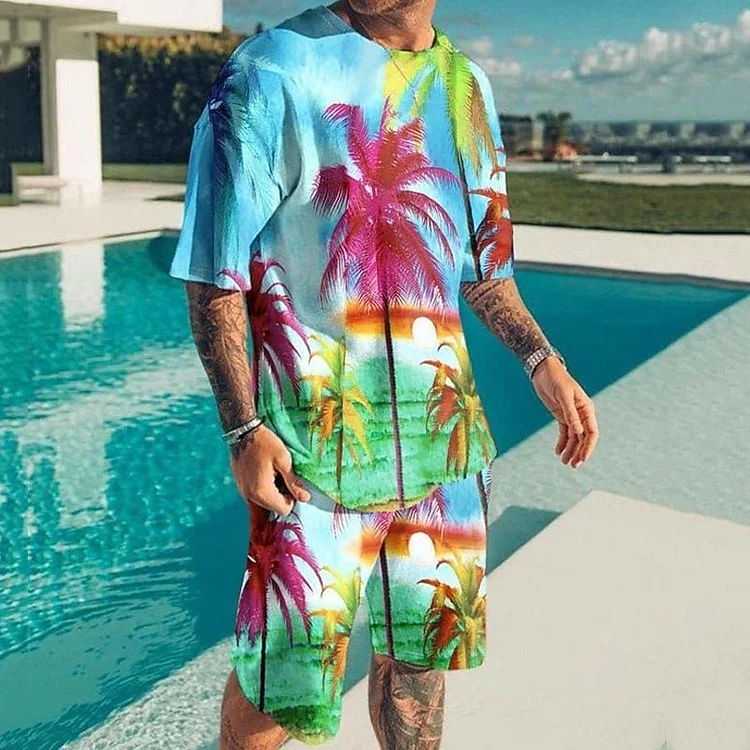 BrosWear Bright Summer Coconut Grove Print T-Shirt And Shorts Co-Ord