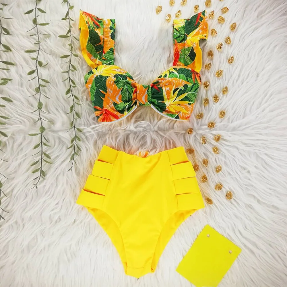 Two-Pieces Women Floral 2022 Push-Up Padded Bra Ruffles Bandage Bikini Set Swimsuit Swimwear Bathing Suit Beachwear Biquini