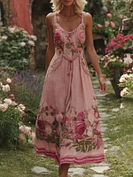 Women's Retro Floral Embroidery Art Linen Suspenders Dress