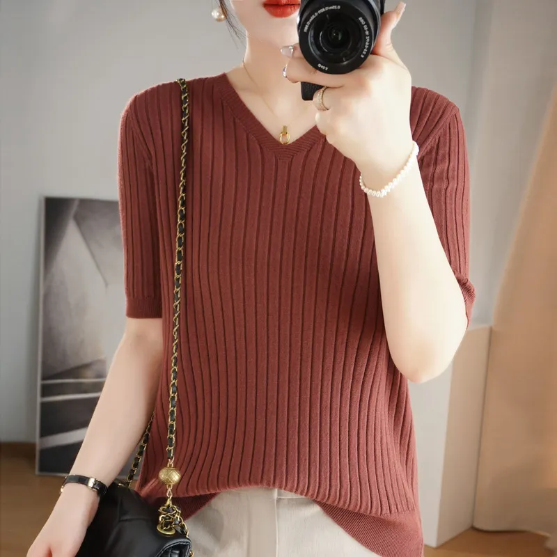 Churchf Churchf The Summer Of 2024, Women's Knit Short Sleeve Korean V-Neck Solid Color T-Shirt And A Pit Top