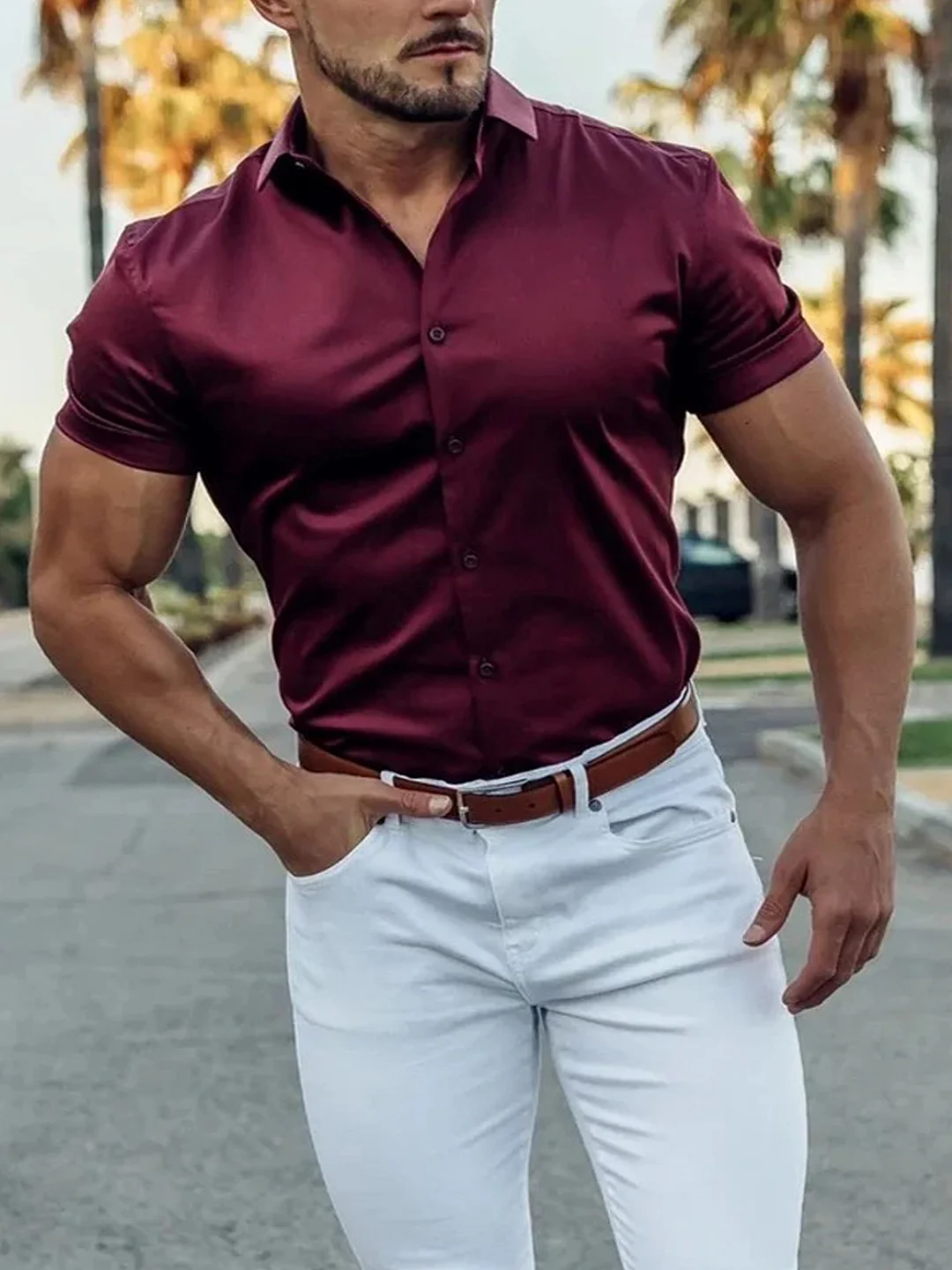 Men's Casual Dark Red Cotton Shirt