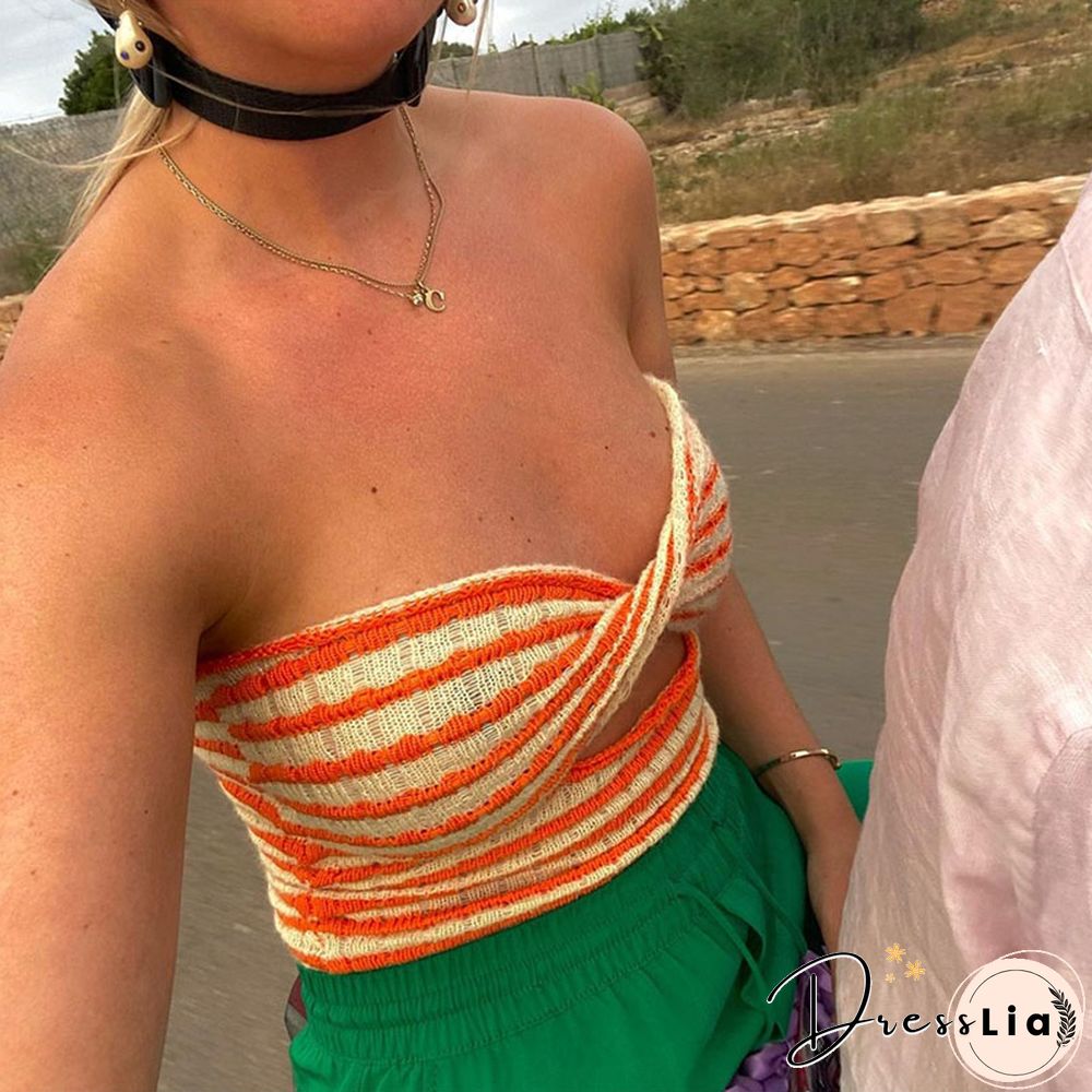 Strapless Knitted Crop Top Women Hollow Out Summer Autumn Sleeveless Backless Sexy Y2k Tank Tops Vintage Fashion