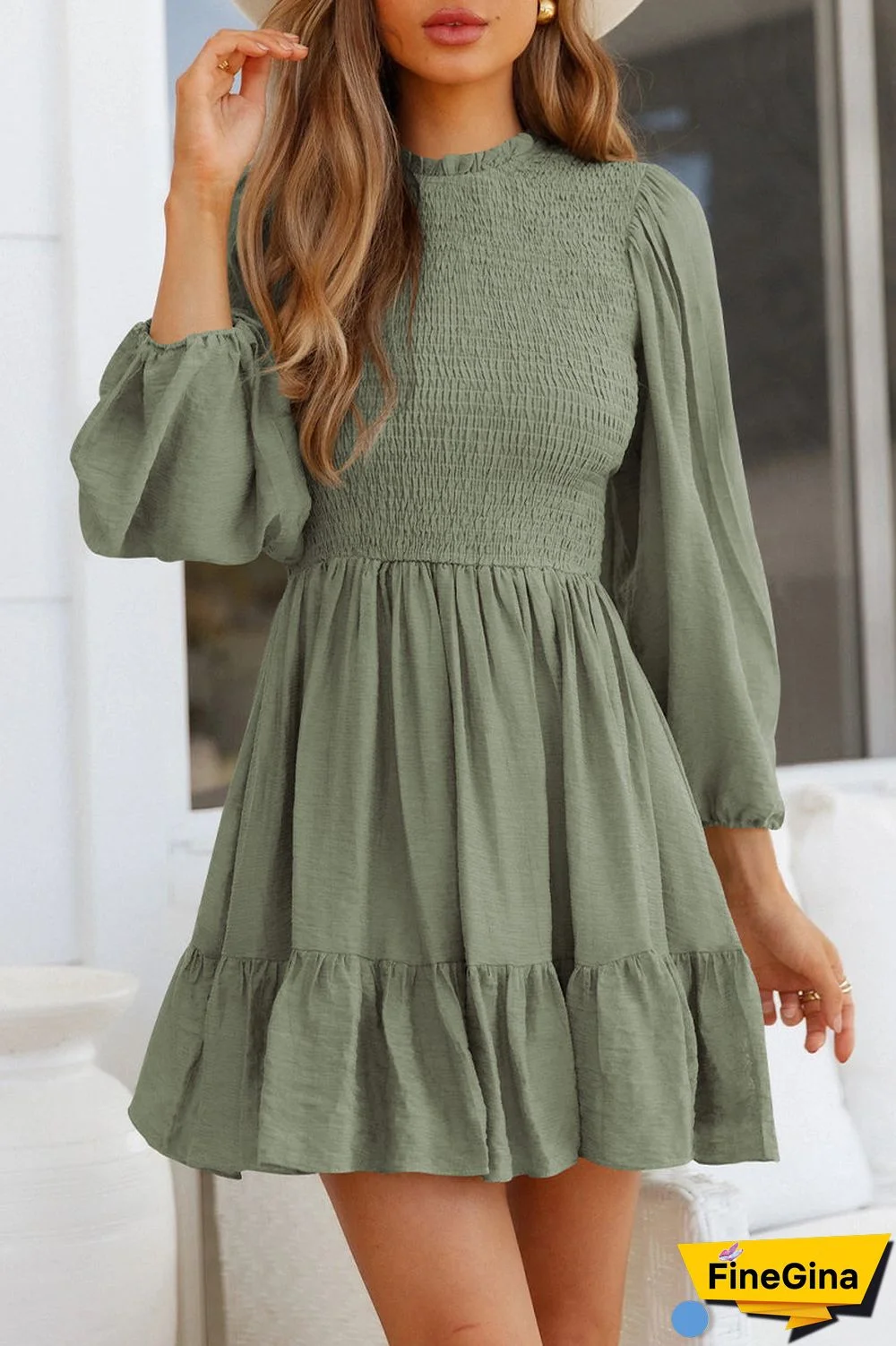 Fashion Solid Flounce O Neck Long Sleeve Dresses(11 colors)