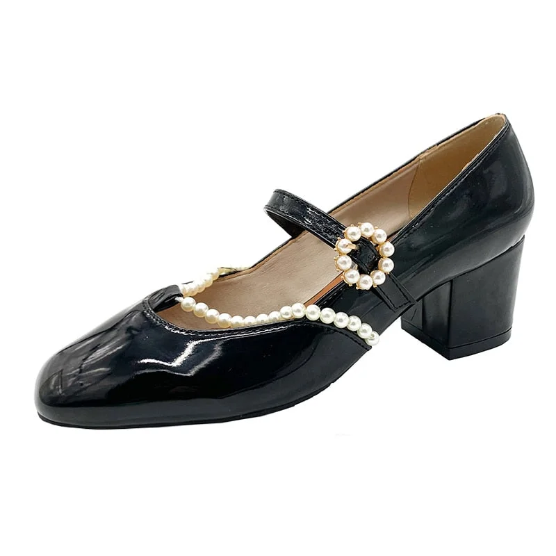 Elegant Thick Heels Mary Jane Shoes For Women 2022 Spring Patent Leather Pumps Pearl Ankle Strap Party Dress Shoes Woman