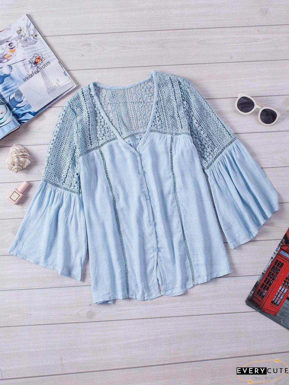 Casual Crochet-Detail Button-Up