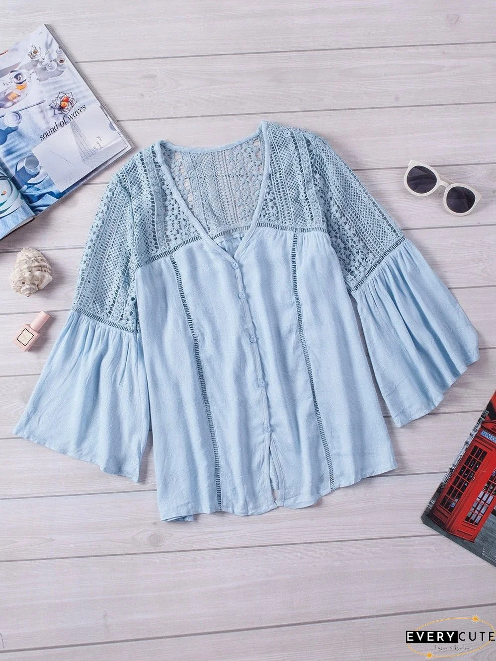 Casual Crochet-Detail Button-Up