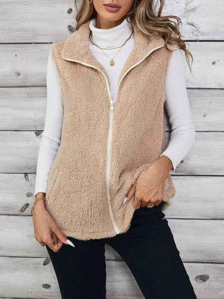 Women's Casual Solid Color Stand Collar Sleeveless Fluffy Jacket, Autumn/Winter