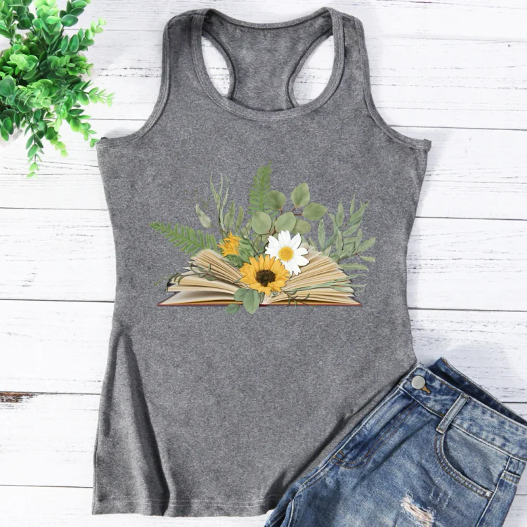 Open Book with Florals and Leaves Tank-03705