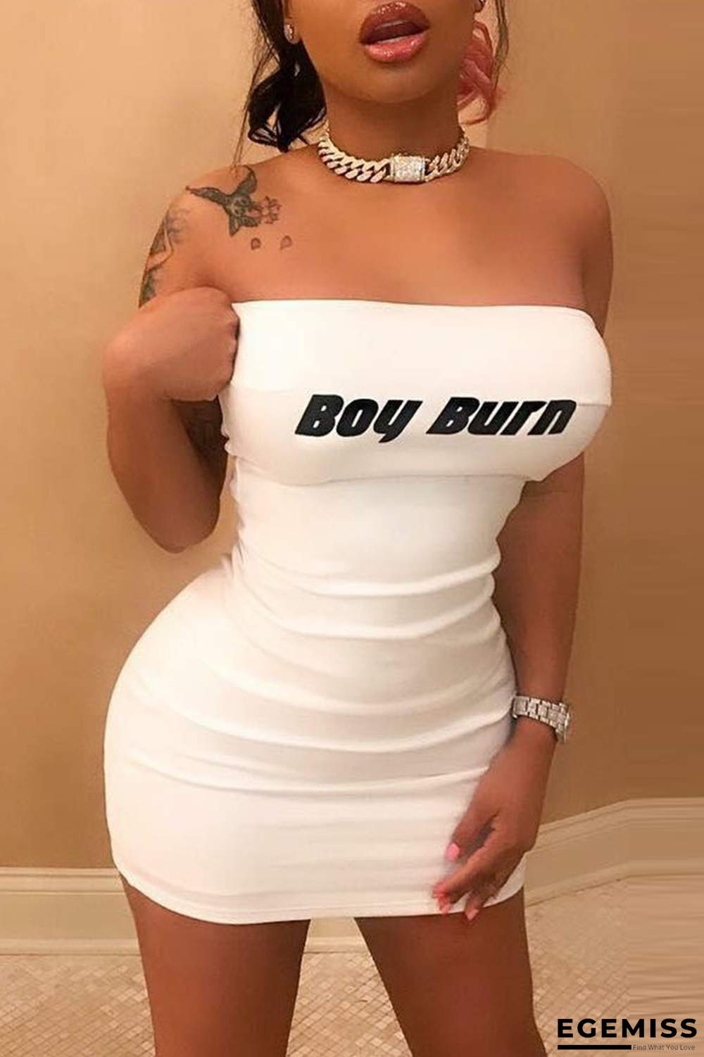 White Sexy Print Patchwork Strapless Pencil Skirt Dresses | EGEMISS