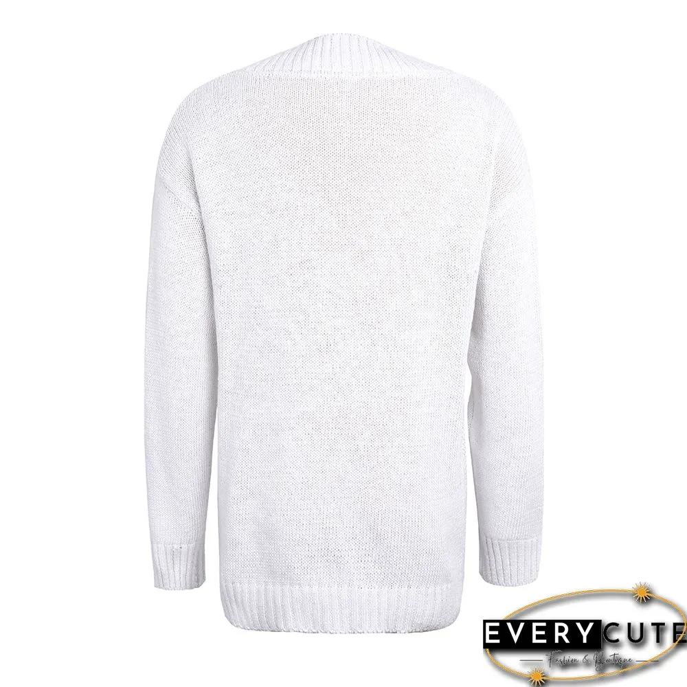 White Off Shoulder Cable V Neck Sweater