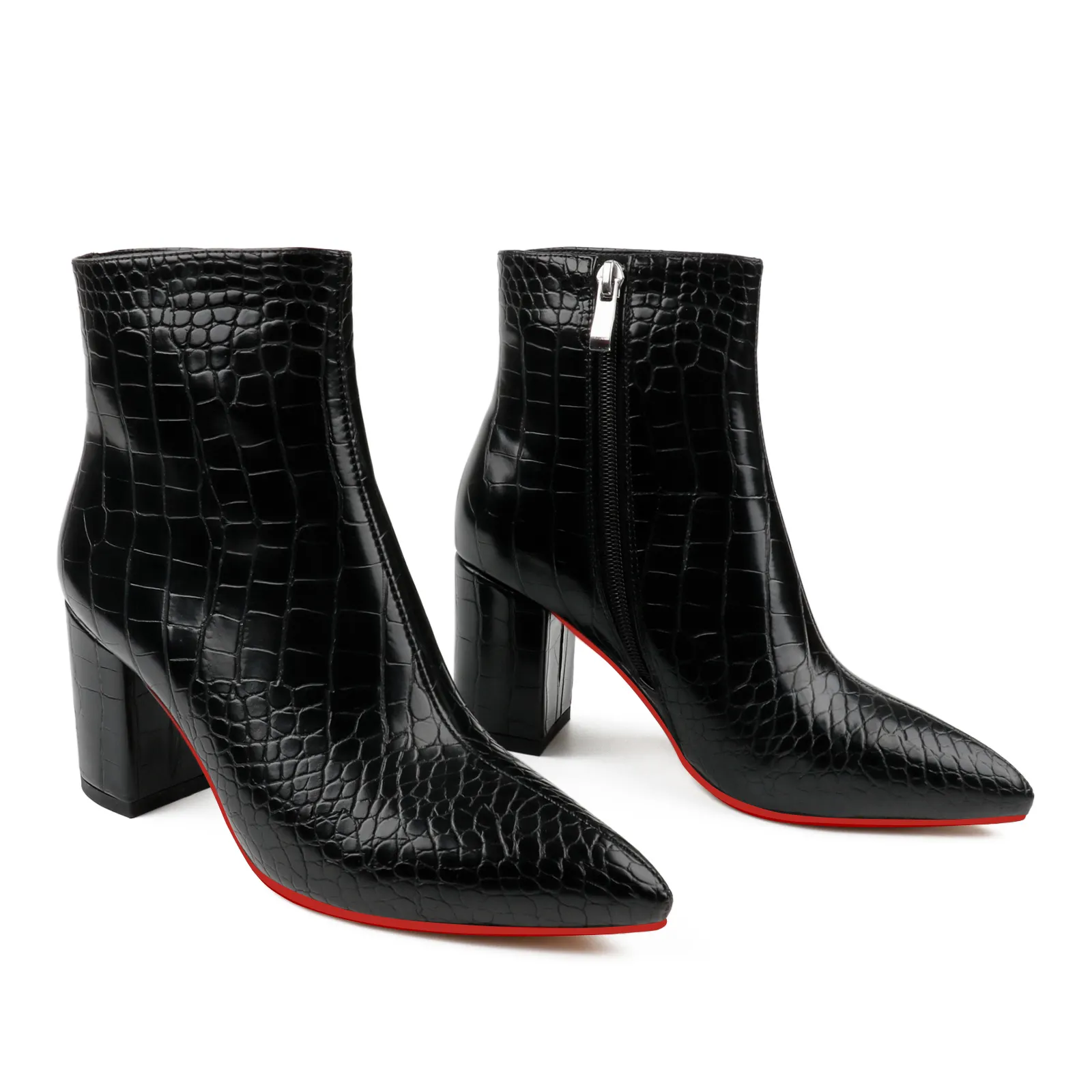 75mm Women's Zipper Pointed Toe Red Bottom Chunky Heel Ankle Boots-vocosishoes