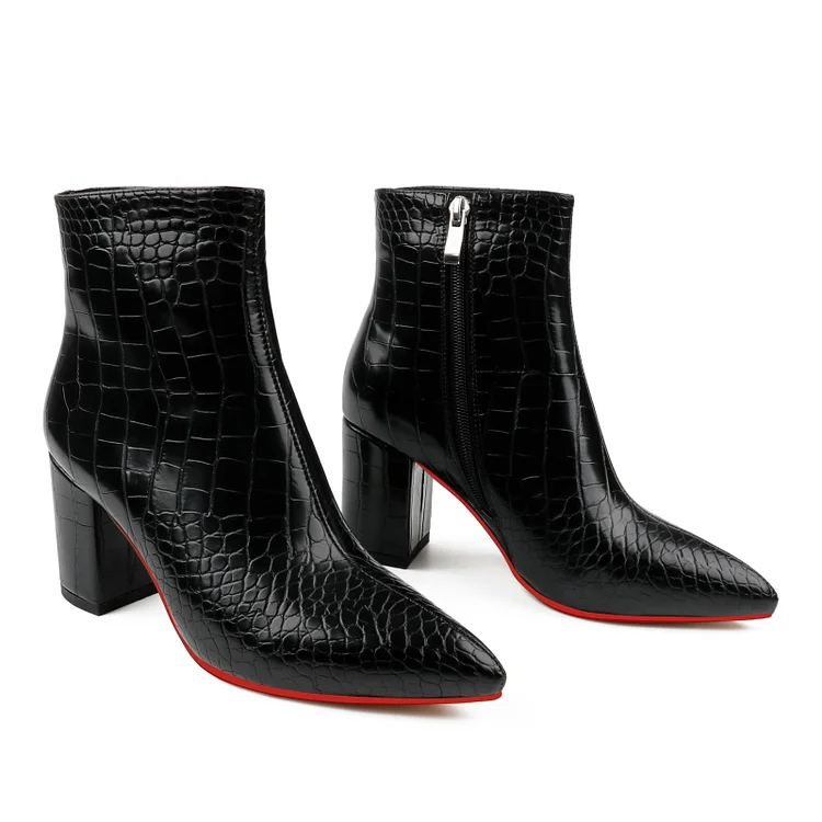 75mm Women's Zipper Pointed Toe Red Bottom Chunky Heel Ankle Croc Boots VOCOSI VOCOSI