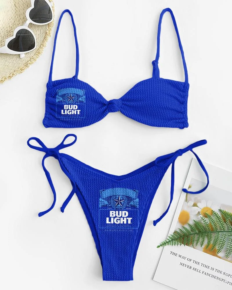 Women's Casual Blue Contrasting Letter Print Bikini Suits