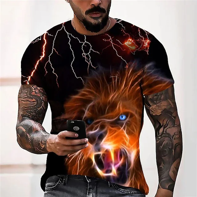 Men's Unisex T shirt Tee 3D Print Graphic Prints Lion Crew Neck Street Daily Print Short Sleeve Tops Casual Designer Big and Tall Sports Brown