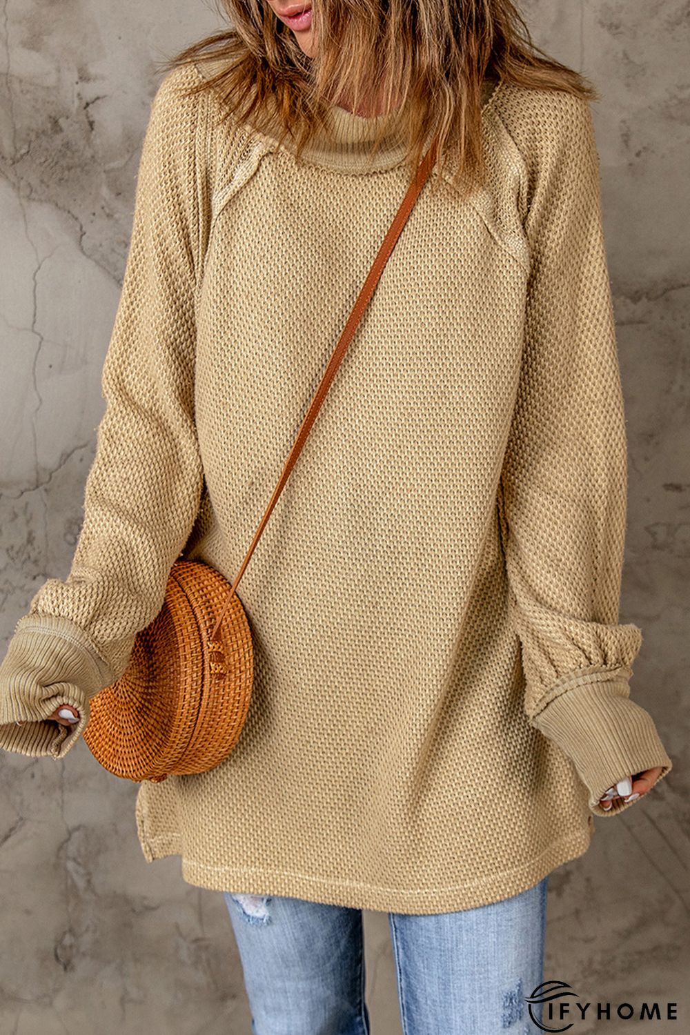 Khaki Waffle Knit Patchwork Oversized Pullover Sweatshirt | IFYHOME