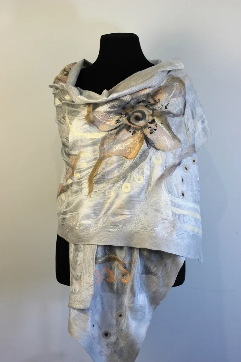 Nuno Felted  Light Gray Pink Scarf, Silk Scarf with Felt Abstract Pattern, Wool Pattern,  Felt Wool Silk Scarf, Party Stole,  Gift for Her-Global Online Discount Store