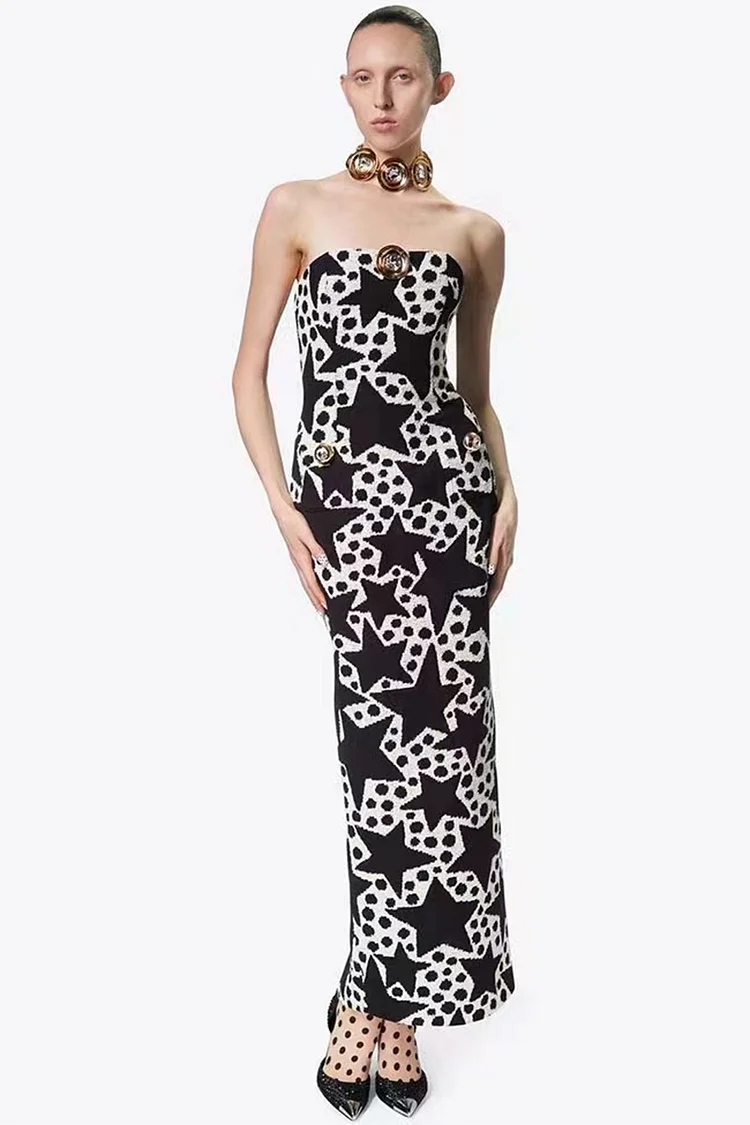 Star And Dots Print Bodycon Strapless Maxi Dress-Black
