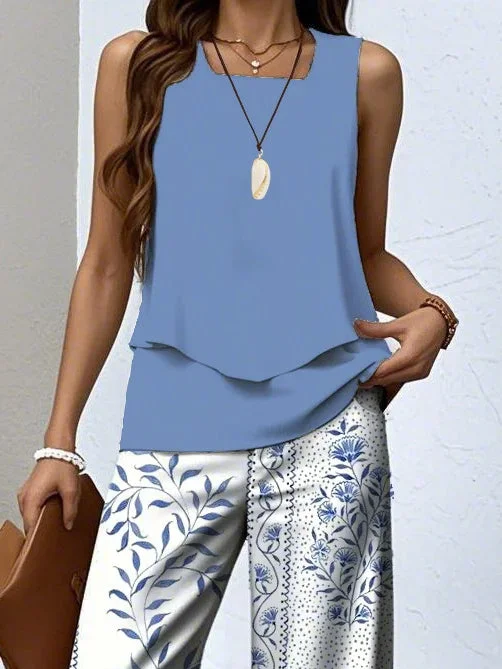 Women's Sleeveless Square Collar Floral Printed Casual Set