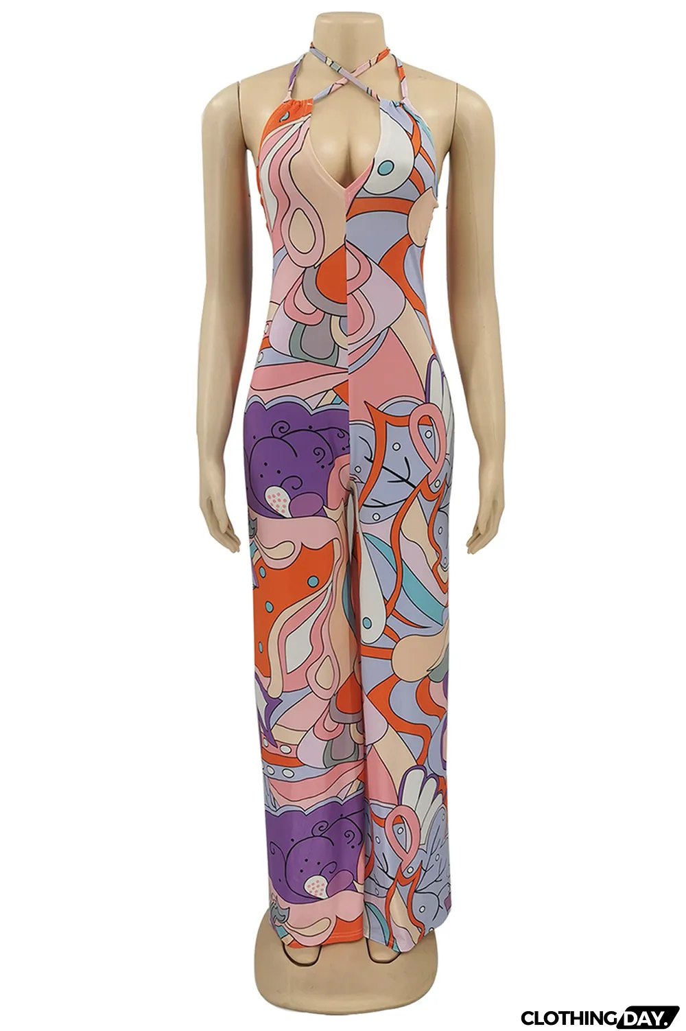 Pink Sexy Print Patchwork Halter Straight Jumpsuits