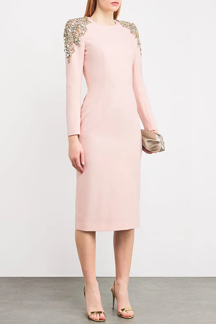 Rhinestone Embellished Shoulder Long Sleeve Midi Dress-Pink