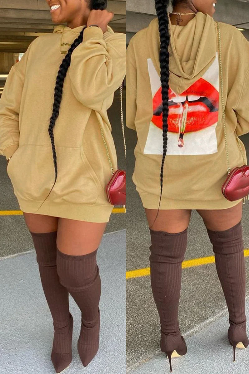 Fashion Casual Lips Printed Basic Hooded Collar Long Sleeve Dresses