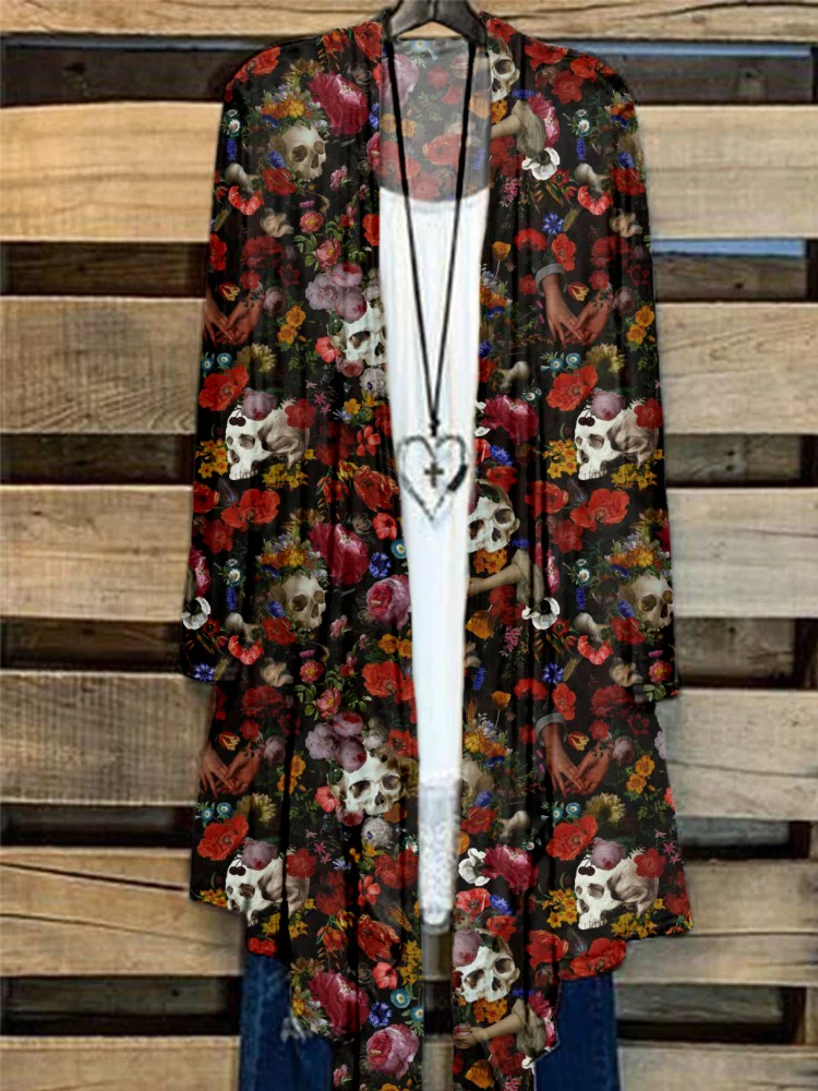 Comstylish Mystic Horror Skulls and Antique Flowers Flowy Cardigan