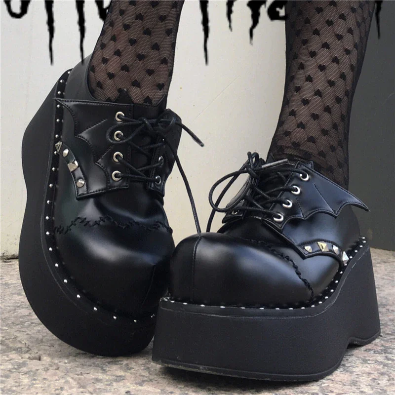 Qengg Size 43Trendy Lovely Black Bat Platform Wedges Lace Up Spring women's Pumps Round Toe Rivet Coslplay Lolita Punk High Heels