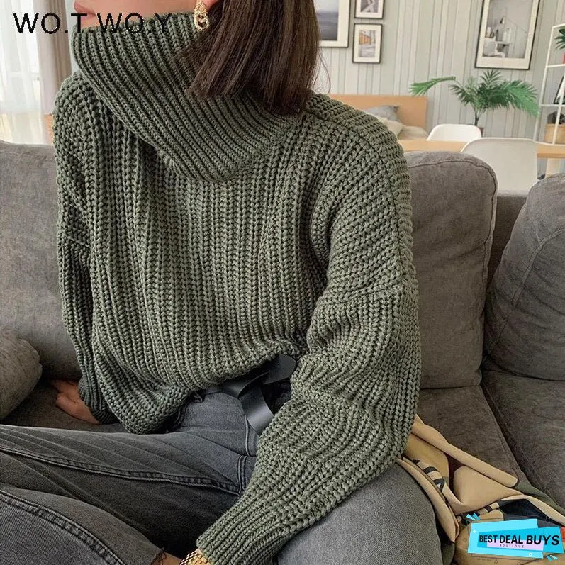Christmas Gift WOTWOY Knitted Oversized Turtleneck Pullovers Women Autumn Winter Casual