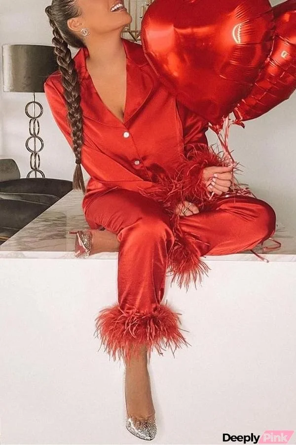 Solid Color Lapel Feather Trousers Two-piece Suit