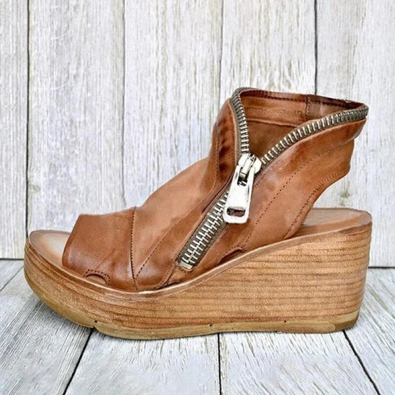 Women Sandals Shoes Summer Retro Peep Toe Platform Sandals PU Leather Zipper Thick Bottom women shoes Ladies Sandals