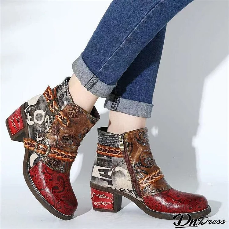 Vintage Textured Thick Heels Buckle Side Zipper Women's Boots