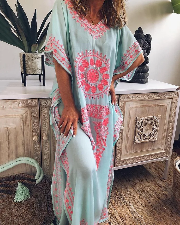 Retro Geometric Pattern Split Hem Loose Maxi Sleepwear