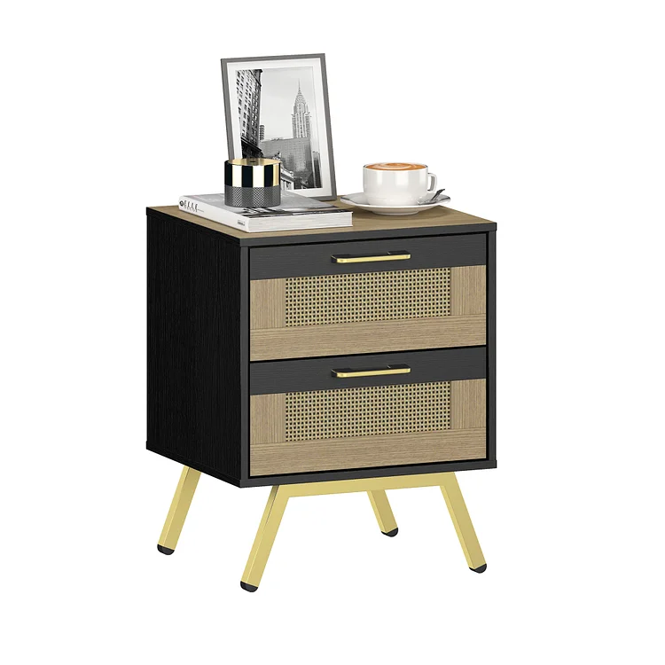 Natural Rattan Nightstand with Drawers, Black Bedside Table with Storage, Modern End Tables with Metal Leg for Living Room, Bedroom, Kids Room