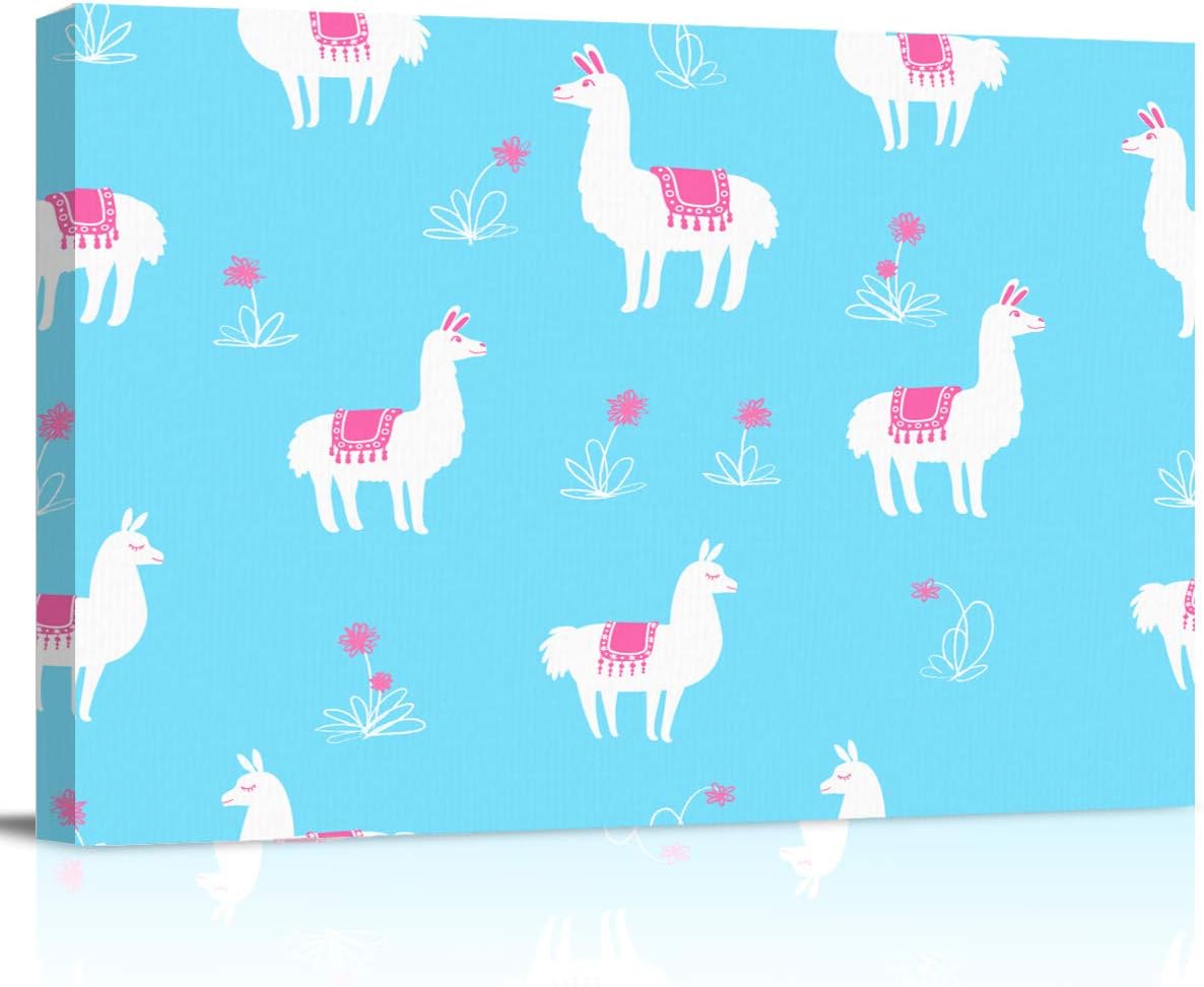 zzsunfeel Canvas Oil Painting Wall Art Cartoon Cute Alpaca Picture Prints for Living Room Home Decor, Ready to Hang White Pink - 12x16 inches 12x16