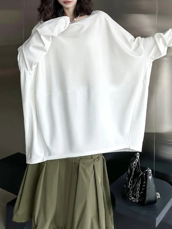 Solid Color Loose Long Sleeves Round-Neck T-Shirts Tops