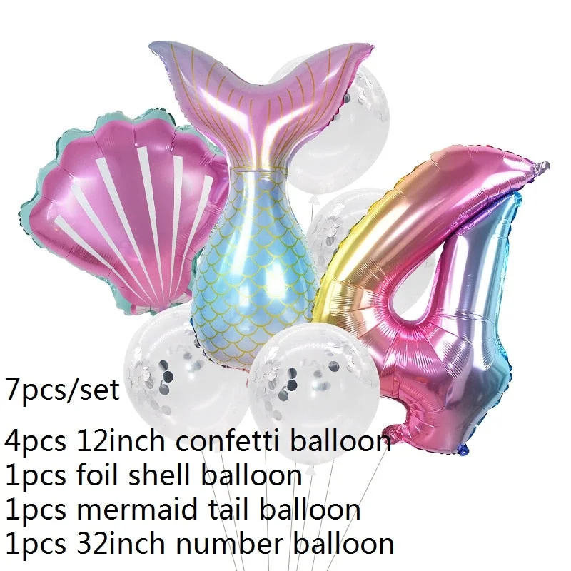 7pcs Mermaid Party Balloons 0 1 2 3 4 5 6 7 8 9 Number Foil Balloon Kids Birthday Party Decorations Baby Shower Helium Globos