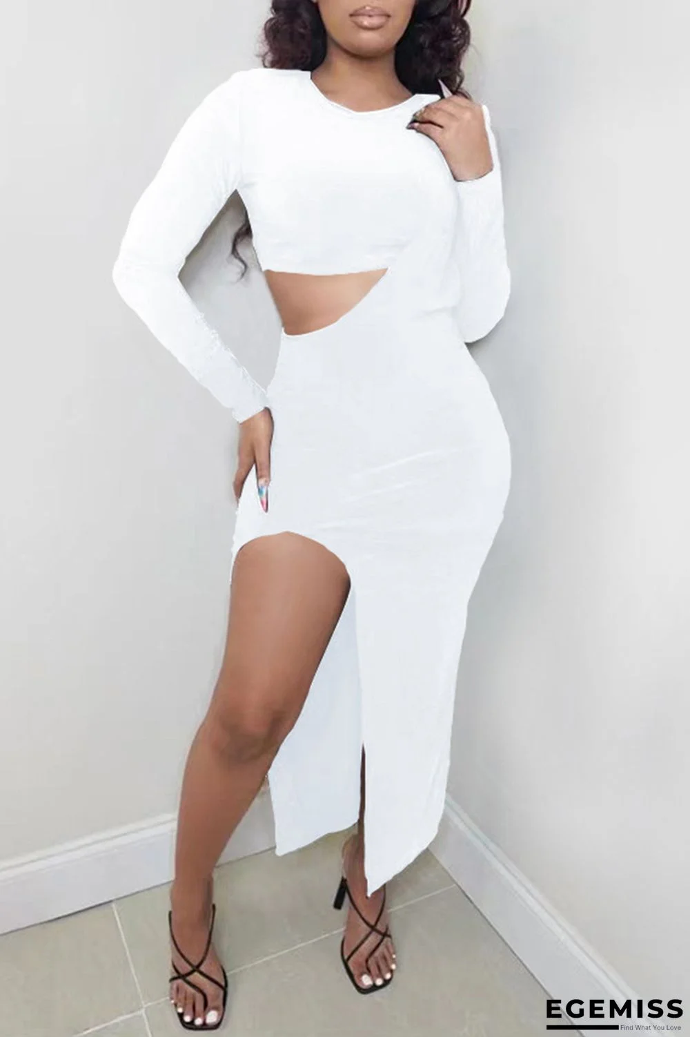 White Fashion Sexy Solid Slit O Neck Long Sleeve Two Pieces | EGEMISS